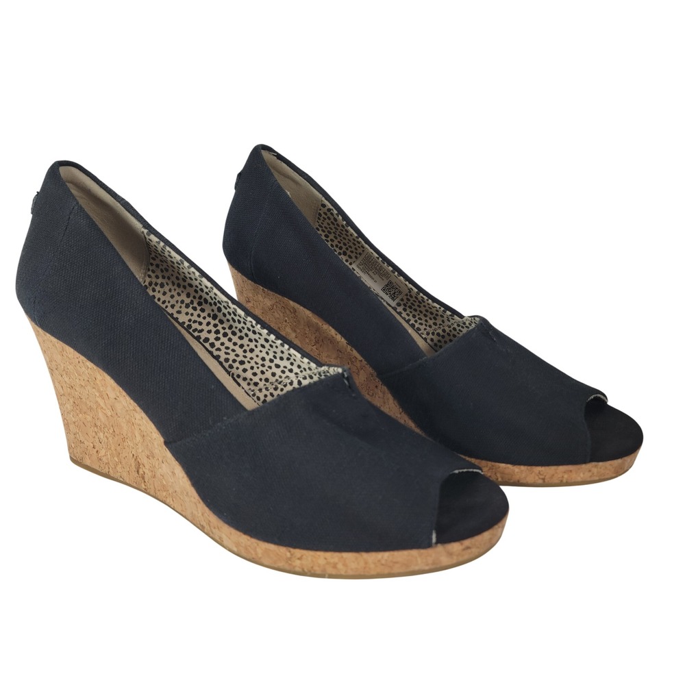 TOMS Canvas Cork Wedge Women 8.5 Black Peep Toe Platform Sandals Boho Chic Beach